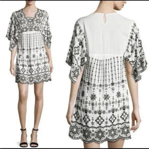 Parker Beth Eyelet Shift Dress Embroidered Mini Black White Size Small Scalloped